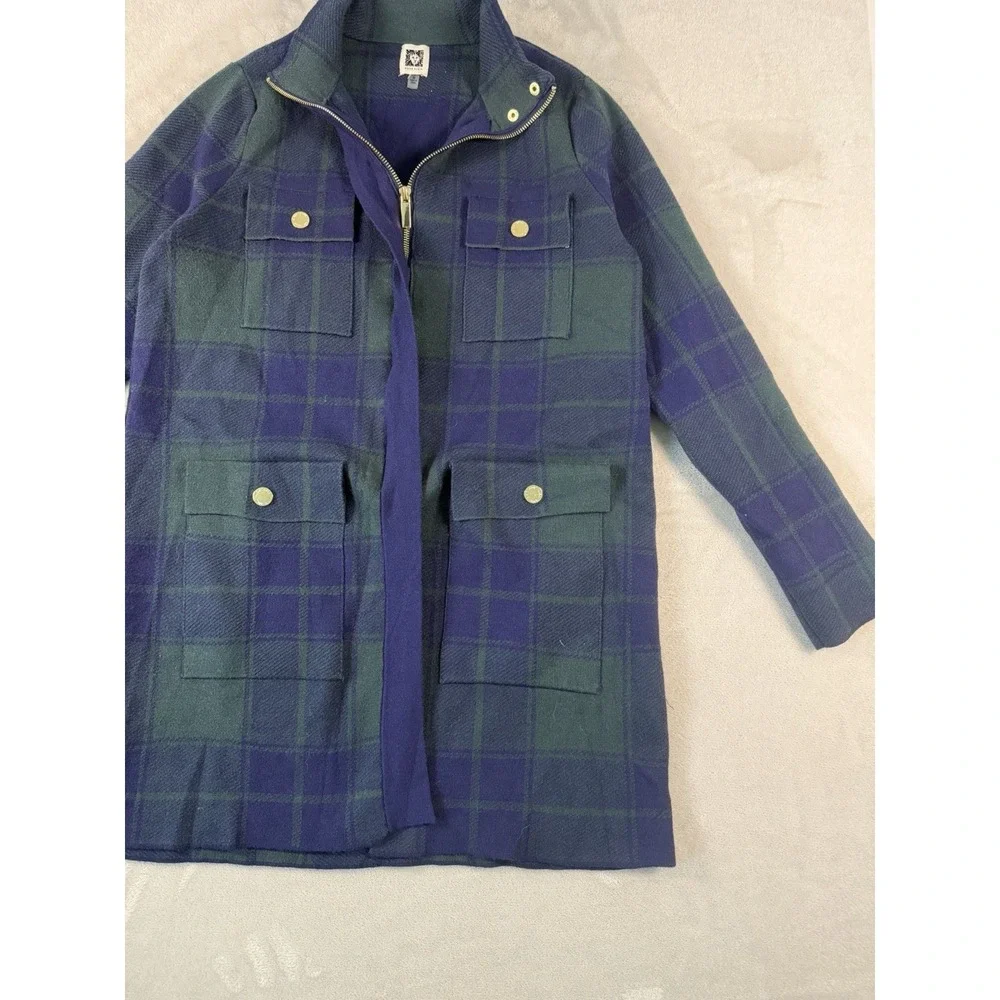 Anne Klein Plaid Sweater Jacket Womens Medium Blue Green Tartan Zip Up Mock Neck